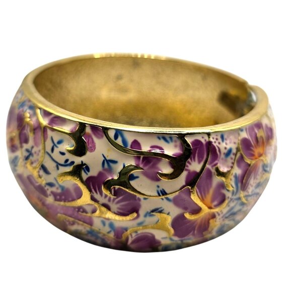 Vtg Gold-Tone Hinged Bangle Bracelet Purple Floral Enamel fairycore feminine - Picture 1 of 6